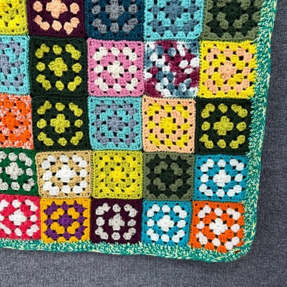 Crochet Granny Square Baby Blanket Small Ivory Multicolor Handmade 33X38 Afghan